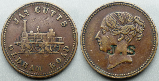 Manchester, Jas. Cutts Railway Tavern J.S countermark